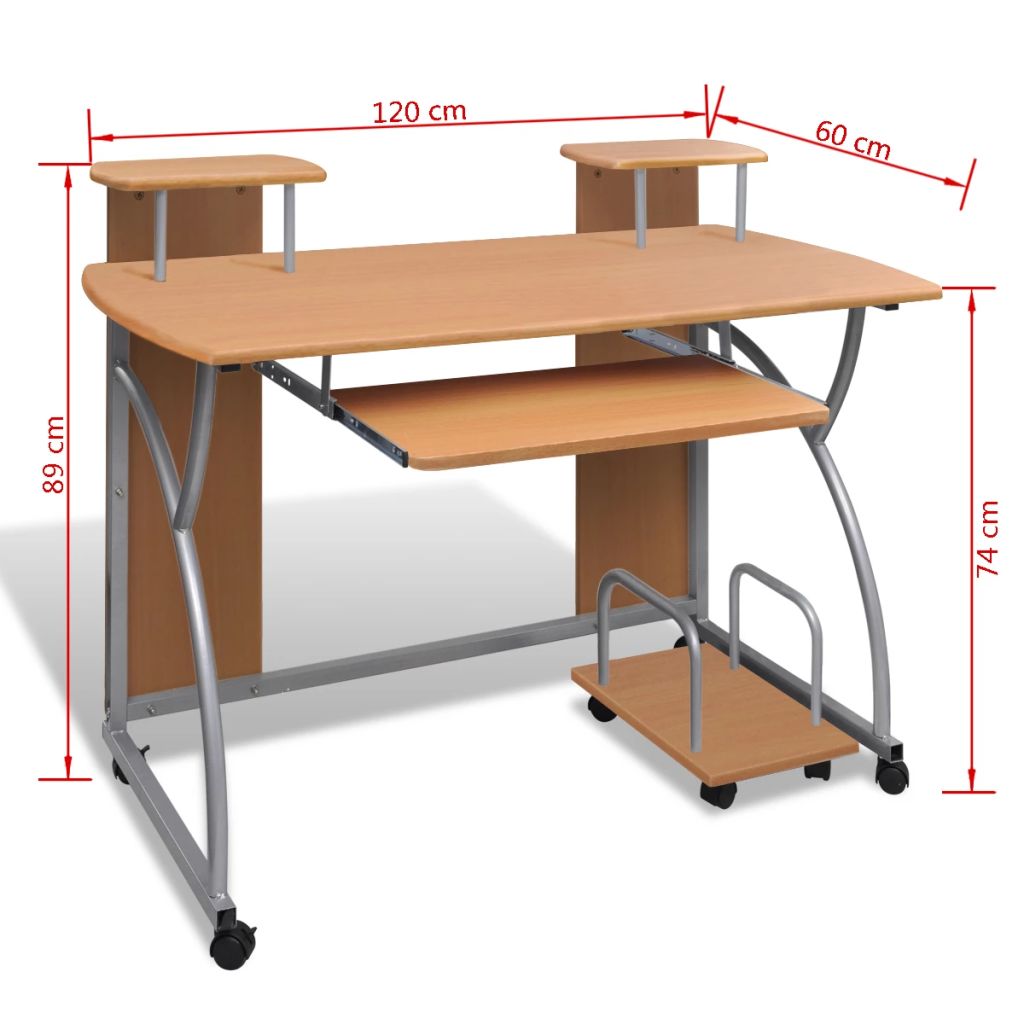 Mobile Computer Desk Pull Out Tray Brown Finish Furniture Office