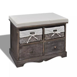Brown Wooden Storage Bench 2 Weaving Baskets 2 Drawers