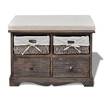 Brown Wooden Storage Bench 2 Weaving Baskets 2 Drawers