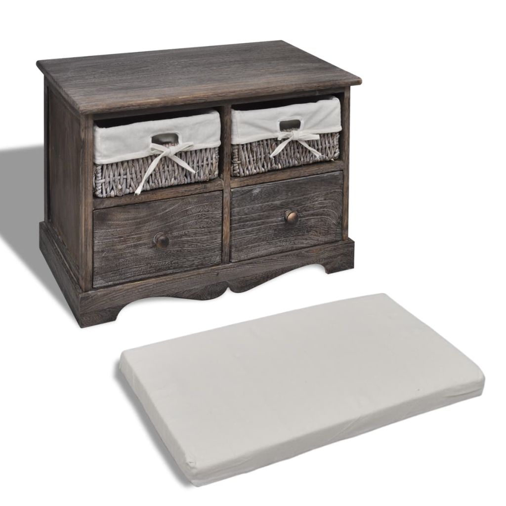 Brown Wooden Storage Bench 2 Weaving Baskets 2 Drawers