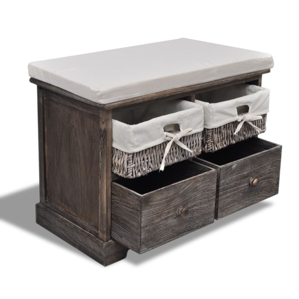 Brown Wooden Storage Bench 2 Weaving Baskets 2 Drawers