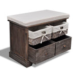 Brown Wooden Storage Bench 2 Weaving Baskets 2 Drawers