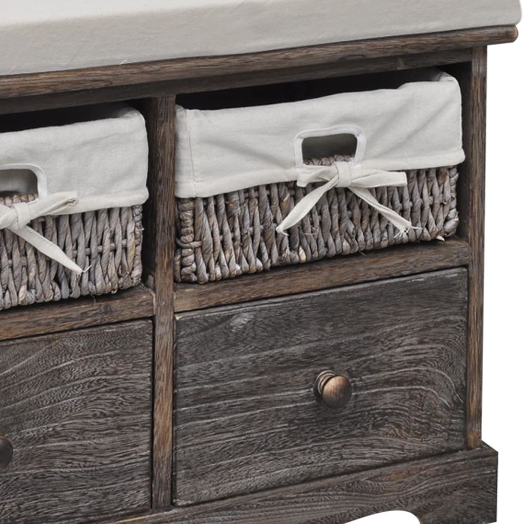 Brown Wooden Storage Bench 2 Weaving Baskets 2 Drawers