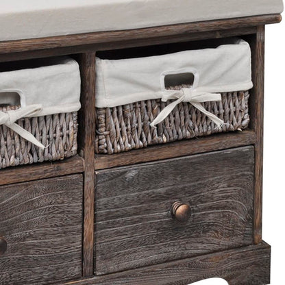 Brown Wooden Storage Bench 2 Weaving Baskets 2 Drawers