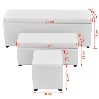 3 Piece Storage Bench Footrest Set Artificial Leather White