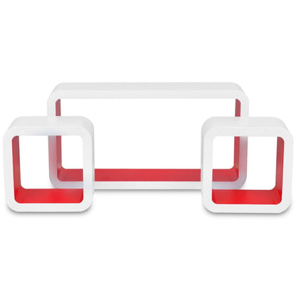 3 White-red MDF Floating Wall Display Shelf Cubes Book/DVD Storage