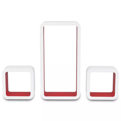 3 White-red MDF Floating Wall Display Shelf Cubes Book/DVD Storage
