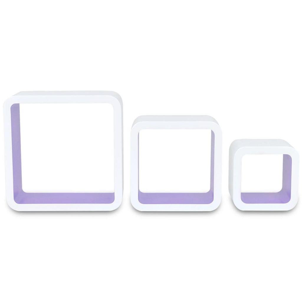 3 White-purple MDF Floating Wall Display Shelf Cubes Book/DVD Storage