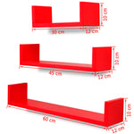 3 Red MDF U-shaped Floating Wall Display Shelves Book/DVD Storage