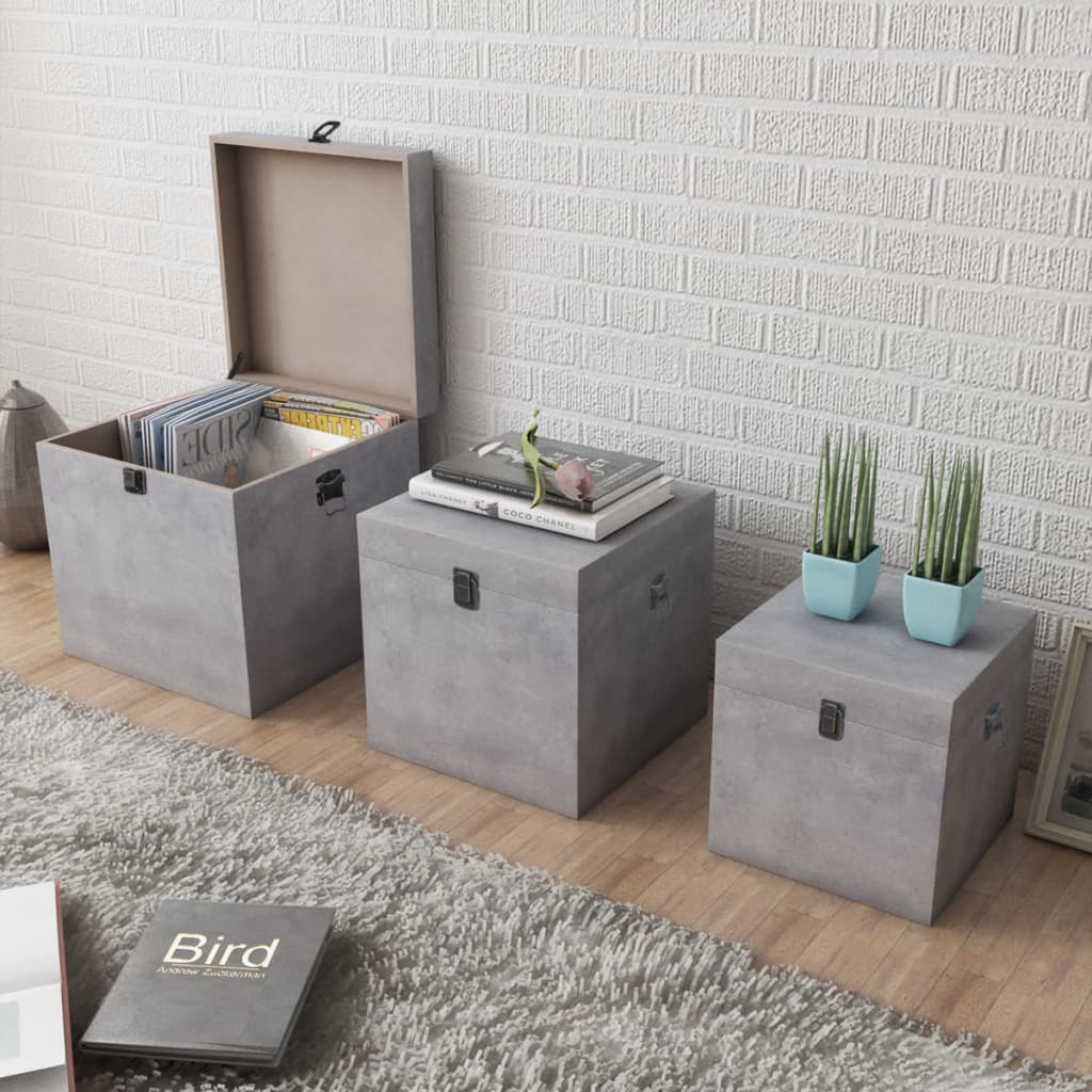 Storage Box Concrete 3 pcs Square Grey MDF