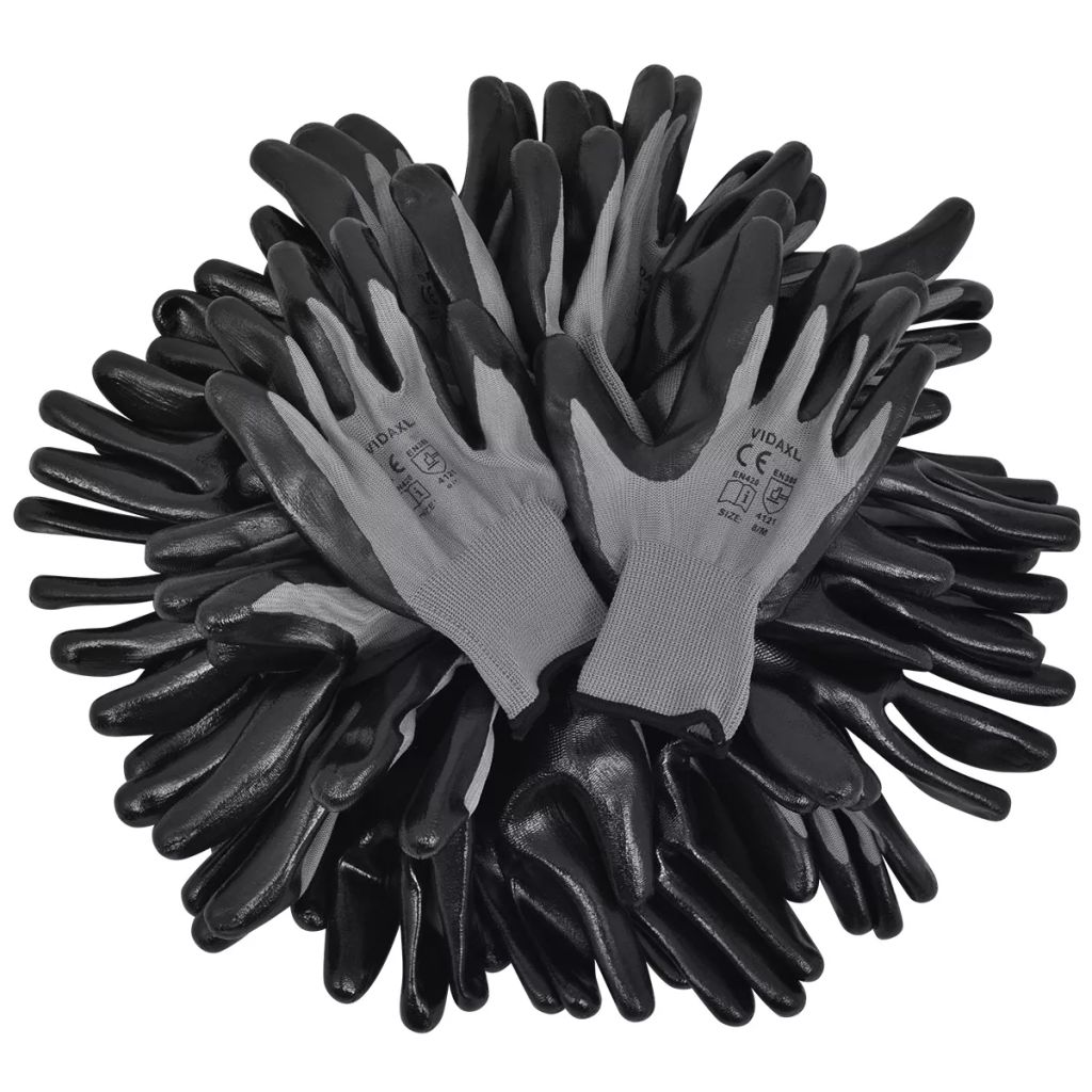 Work Gloves Nitrile 24 Pairs Grey and Black Size 8/M