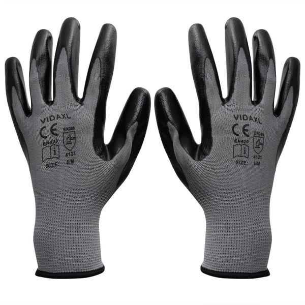  Work Gloves Nitrile 24 Pairs Grey and Black Size 9/L