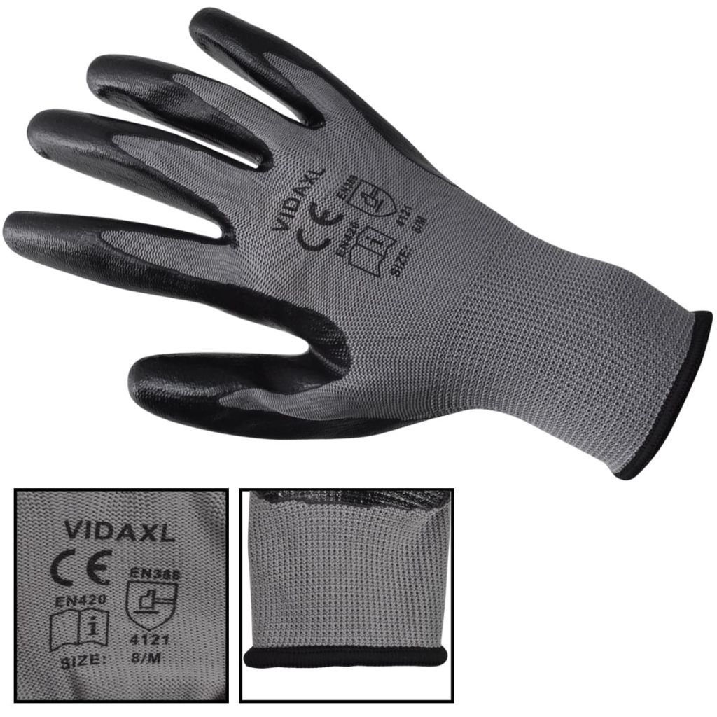 Work Gloves Nitrile 24 Pairs Grey and Black Size 9/L