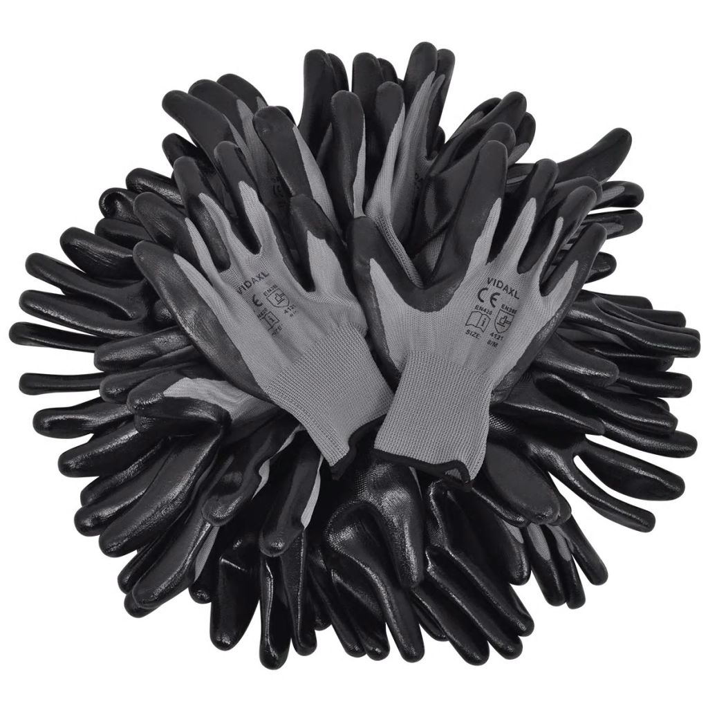 Work Gloves Nitrile 24 Pairs Grey and Black Size 9/L