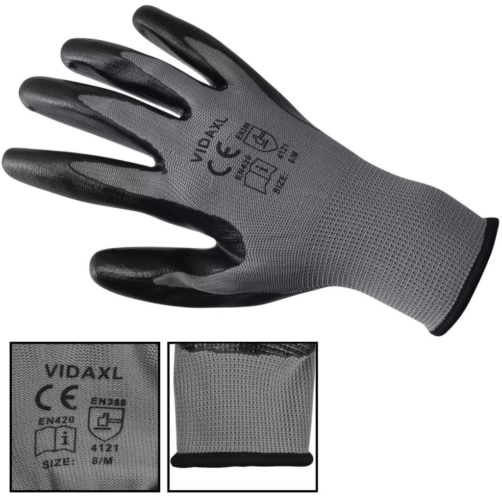 Work Gloves Nitrile 24 Pairs Grey and Black Size 10/XL