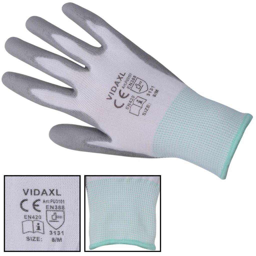 Work Gloves PU 24 Pairs White and Grey Size 8/M