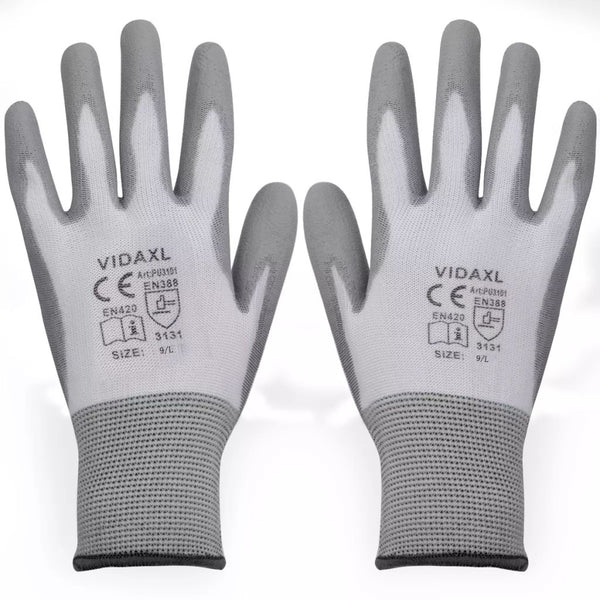  Work Gloves PU 24 Pairs White and Grey Size 9/L