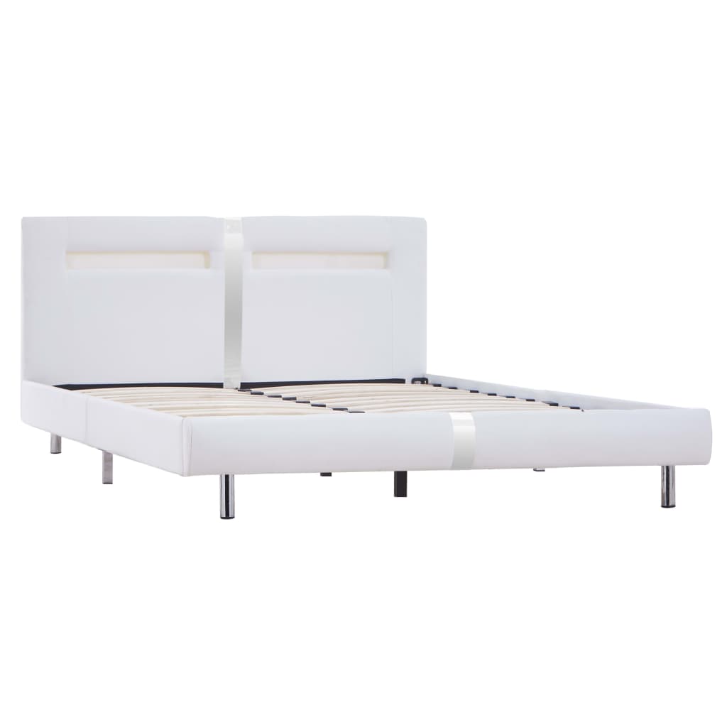 Bed Frame with LED White Faux Leather Double