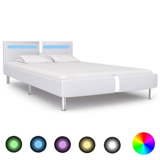 Bed Frame with LED White Faux Leather King