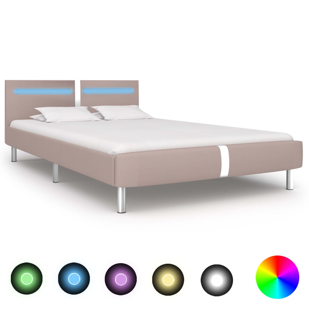Bed Frame with LED Cappuccino Faux Leather King