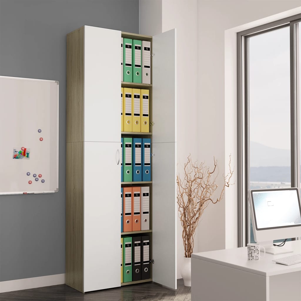 Office Cabinet White and Sonoma Oak 60x32x190 cm Chipboard