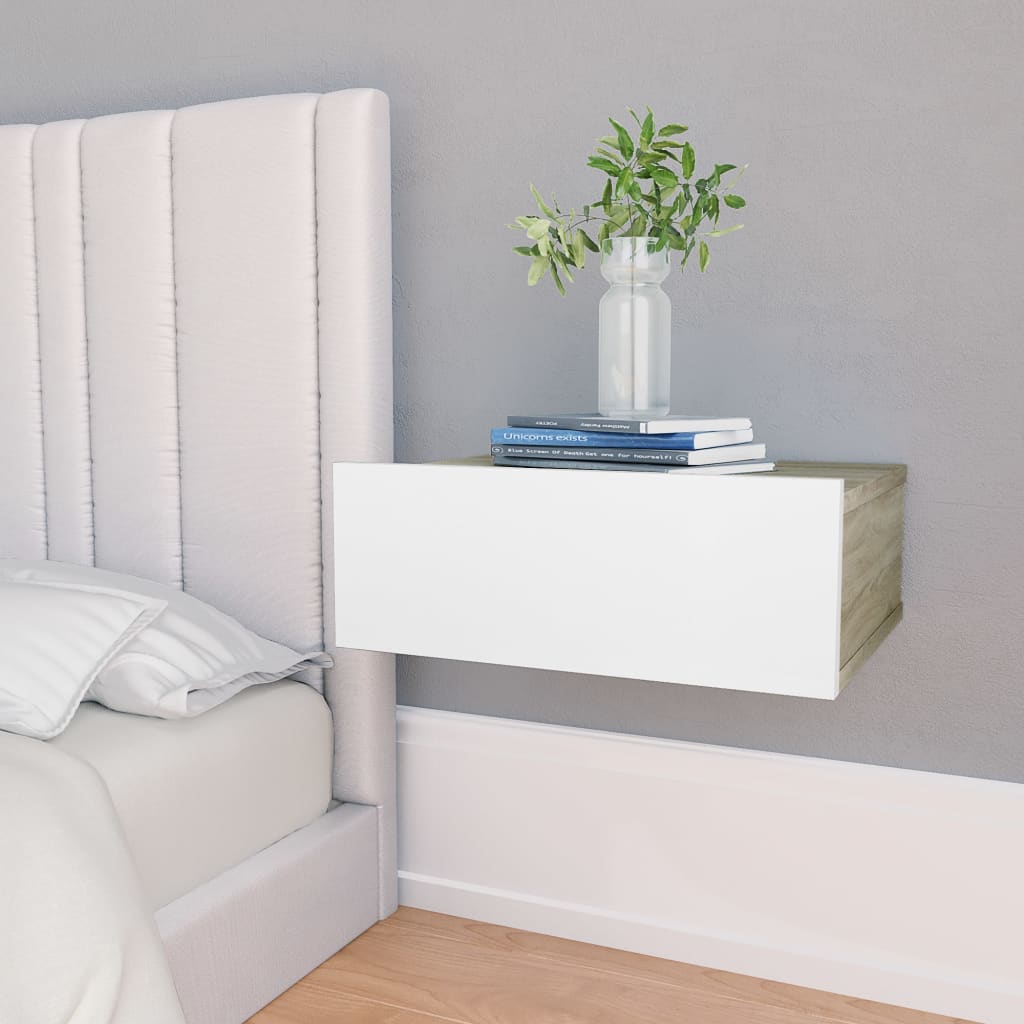 Floating Nightstand White and Sonoma Oak 40x30x15 cm Chipboard