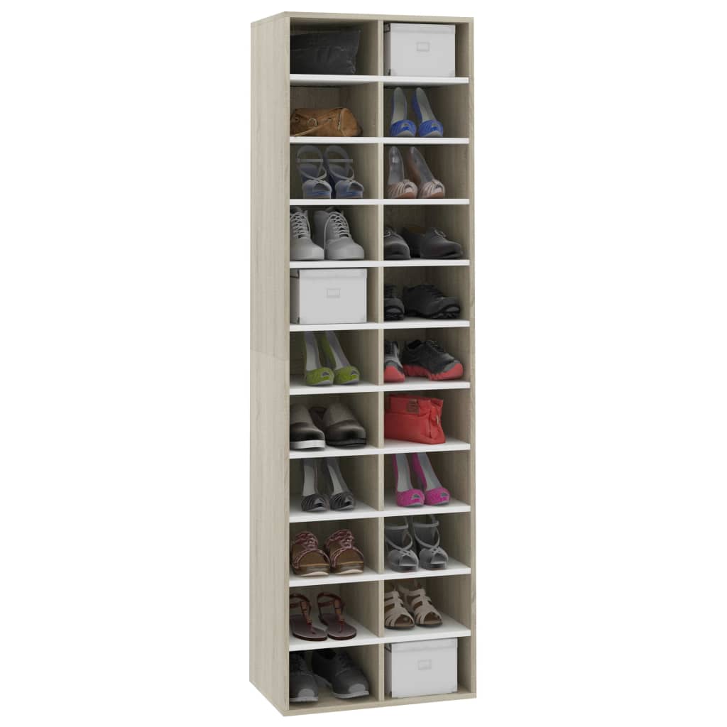 Shoe Cabinet White and Sonoma Oak 54x34x183 cm Chipboard