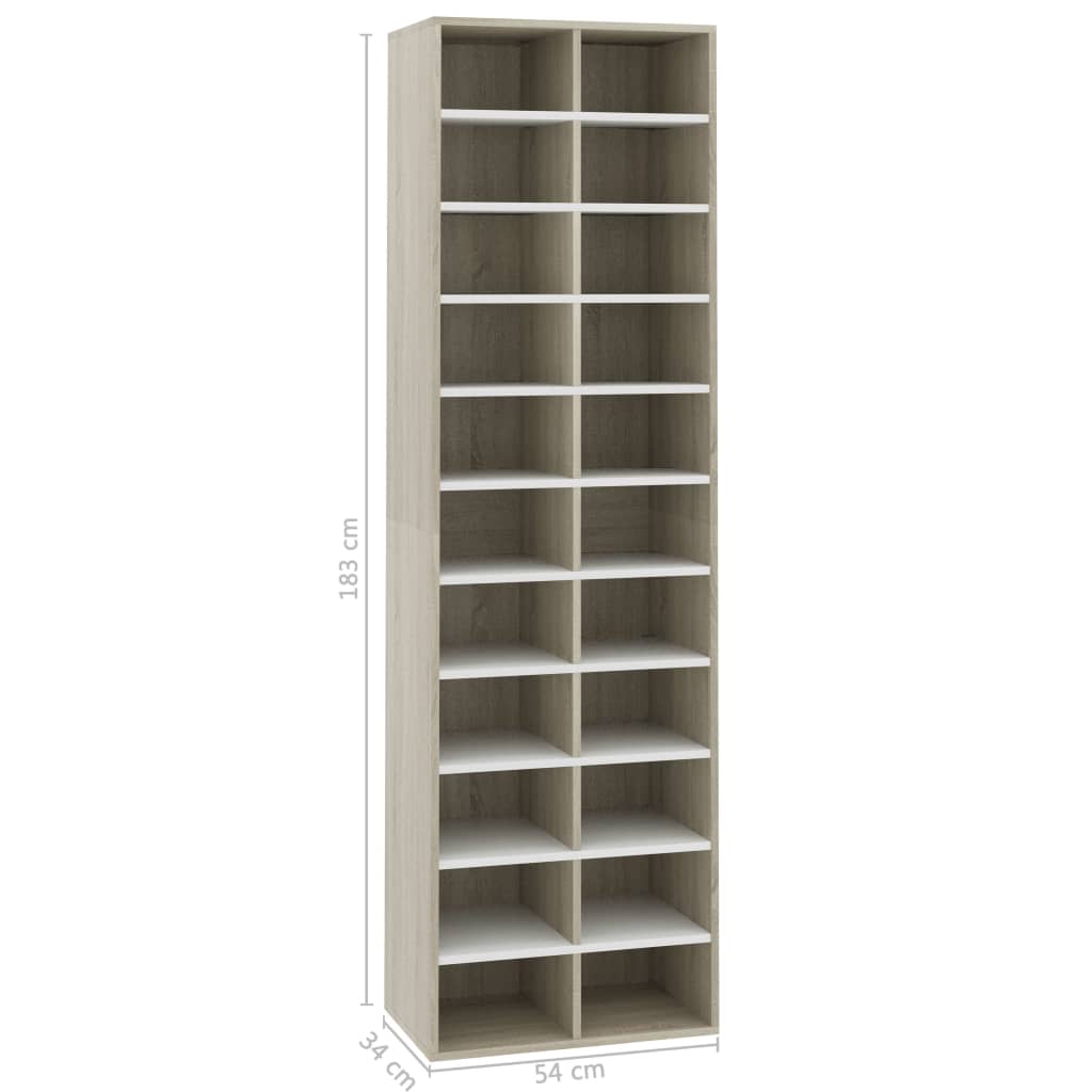 Shoe Cabinet White and Sonoma Oak 54x34x183 cm Chipboard