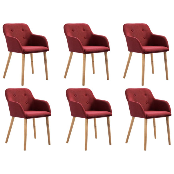  6 pcs Wine Red Fabric and Solid Oak Dining Chairs