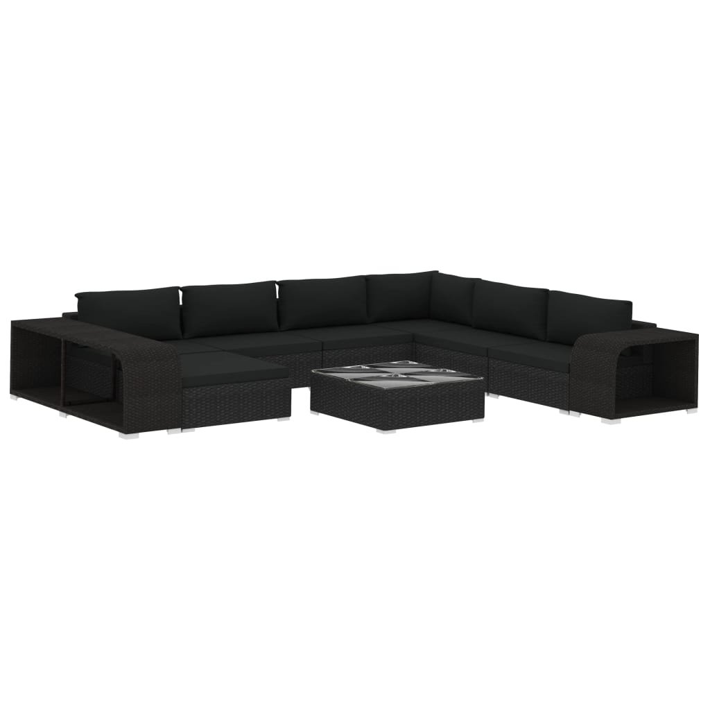 10 Piece Garden Lounge Set with Cushions Poly Rattan Black
