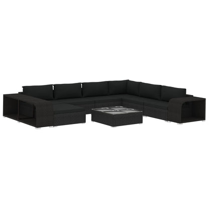10 Piece Garden Lounge Set with Cushions Poly Rattan Black