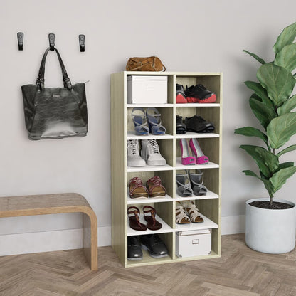 Shoe Rack White and Sonoma Oak 54x34x100 cm Chipboard
