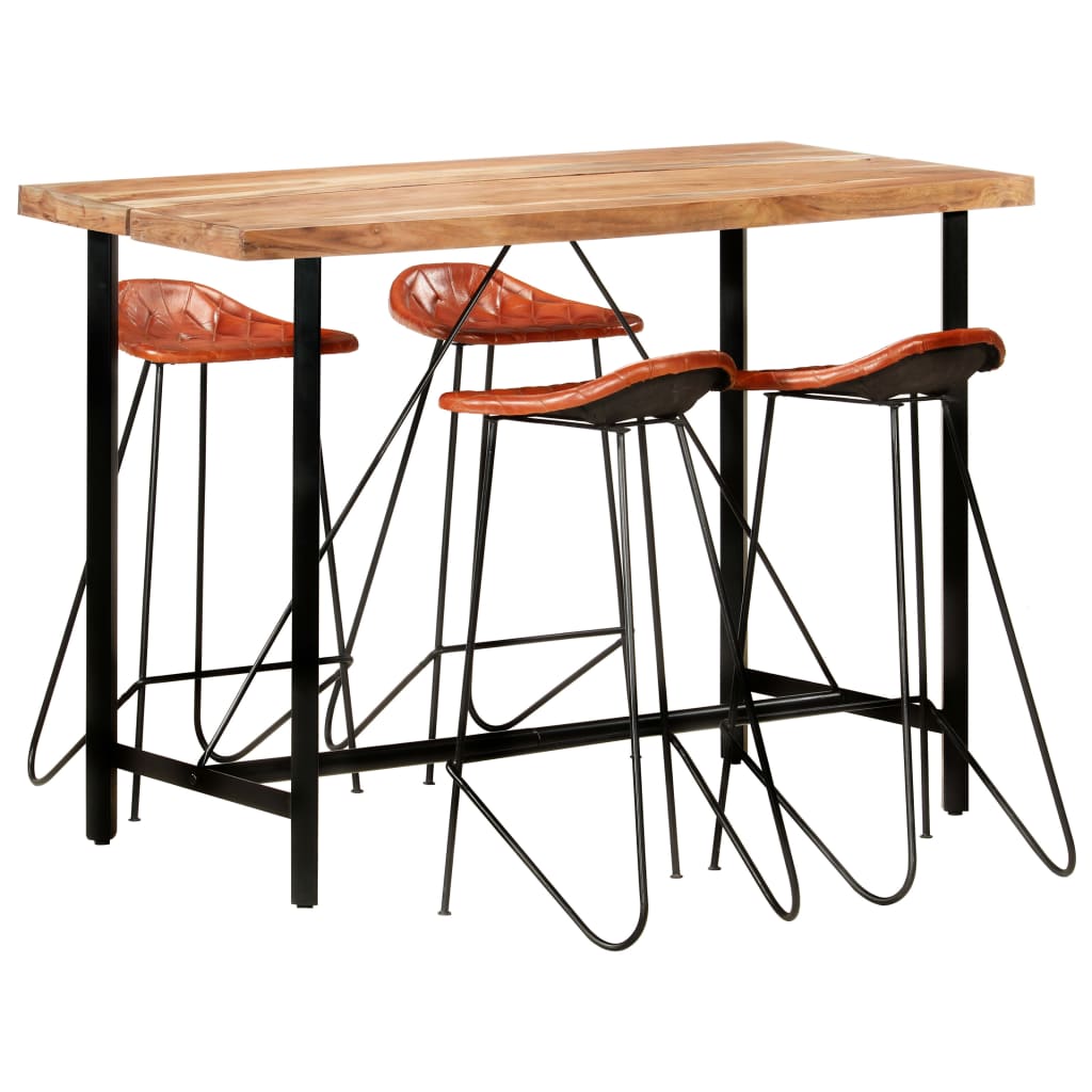 5 Piece Bar Set Solid Sheesham Wood and Real Leather