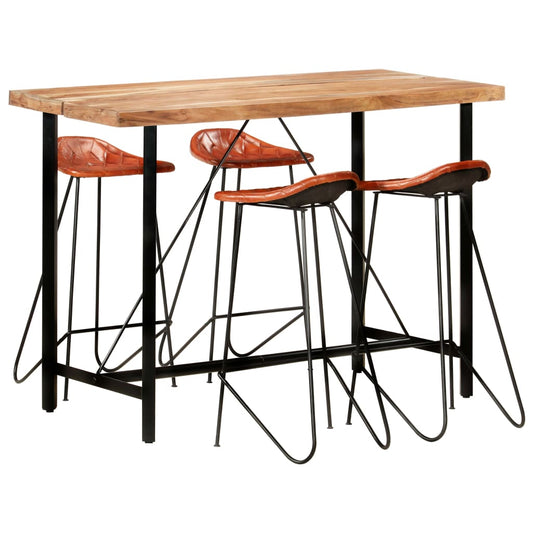 5 Piece Bar Set Solid Sheesham Wood and Real Leather