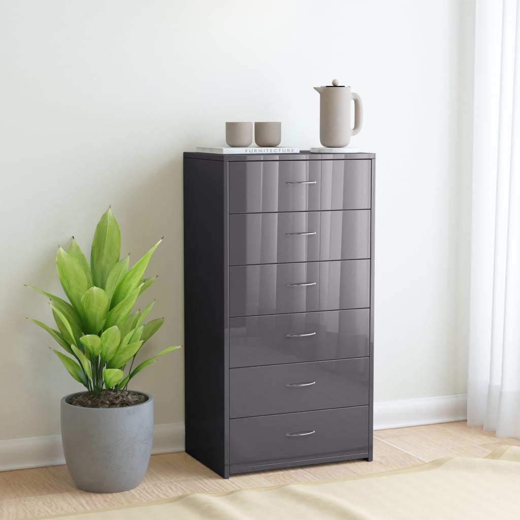 Sideboard with 6 Drawers High Gloss Grey 50x34x96 cm Chipboard