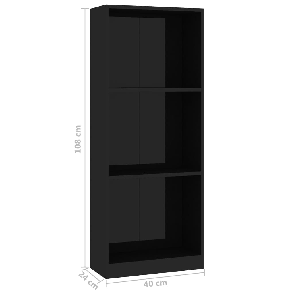 3-Tier Book Cabinet High Gloss Black 40x24x108 cm Chipboard