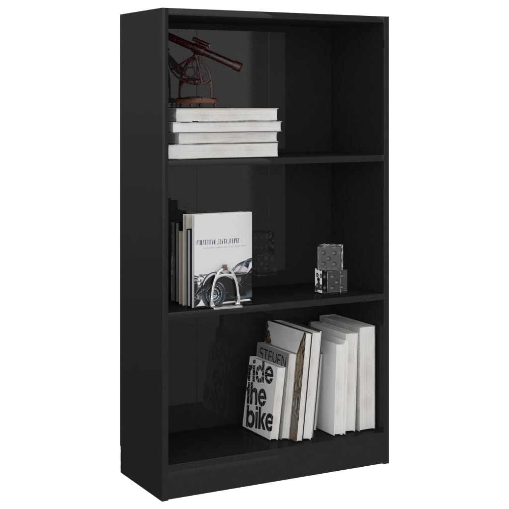 3-Tier Book Cabinet High Gloss Black 60x24x108 cm Chipboard