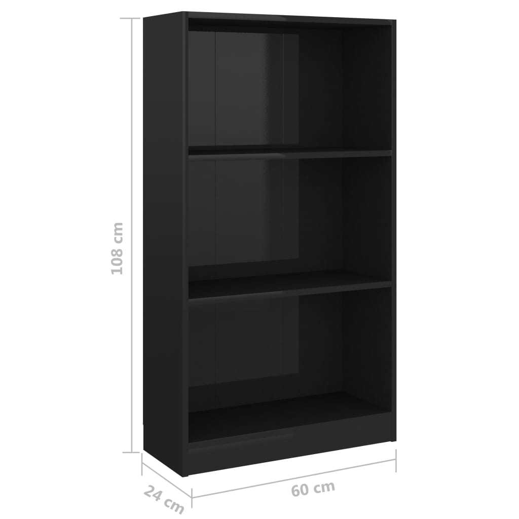 3-Tier Book Cabinet High Gloss Black 60x24x108 cm Chipboard