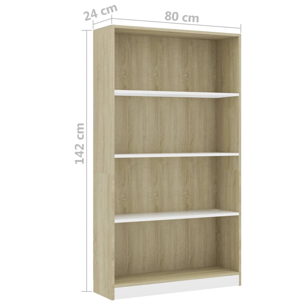 4-Tier Book Cabinet White and Sonoma Oak 80x24x142 cm Chipboard