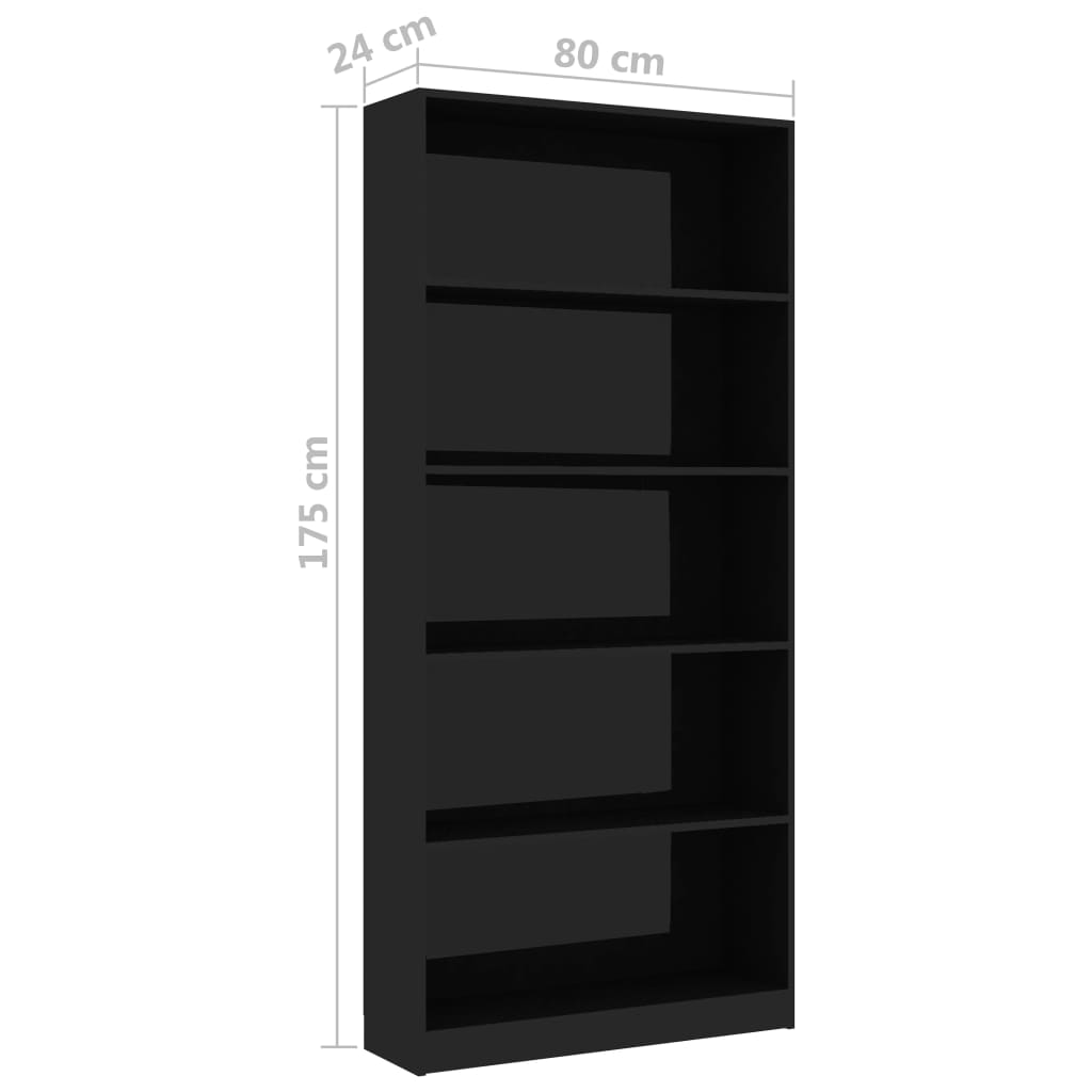 5-Tier Book Cabinet High Gloss Black 80x24x175 cm Chipboard