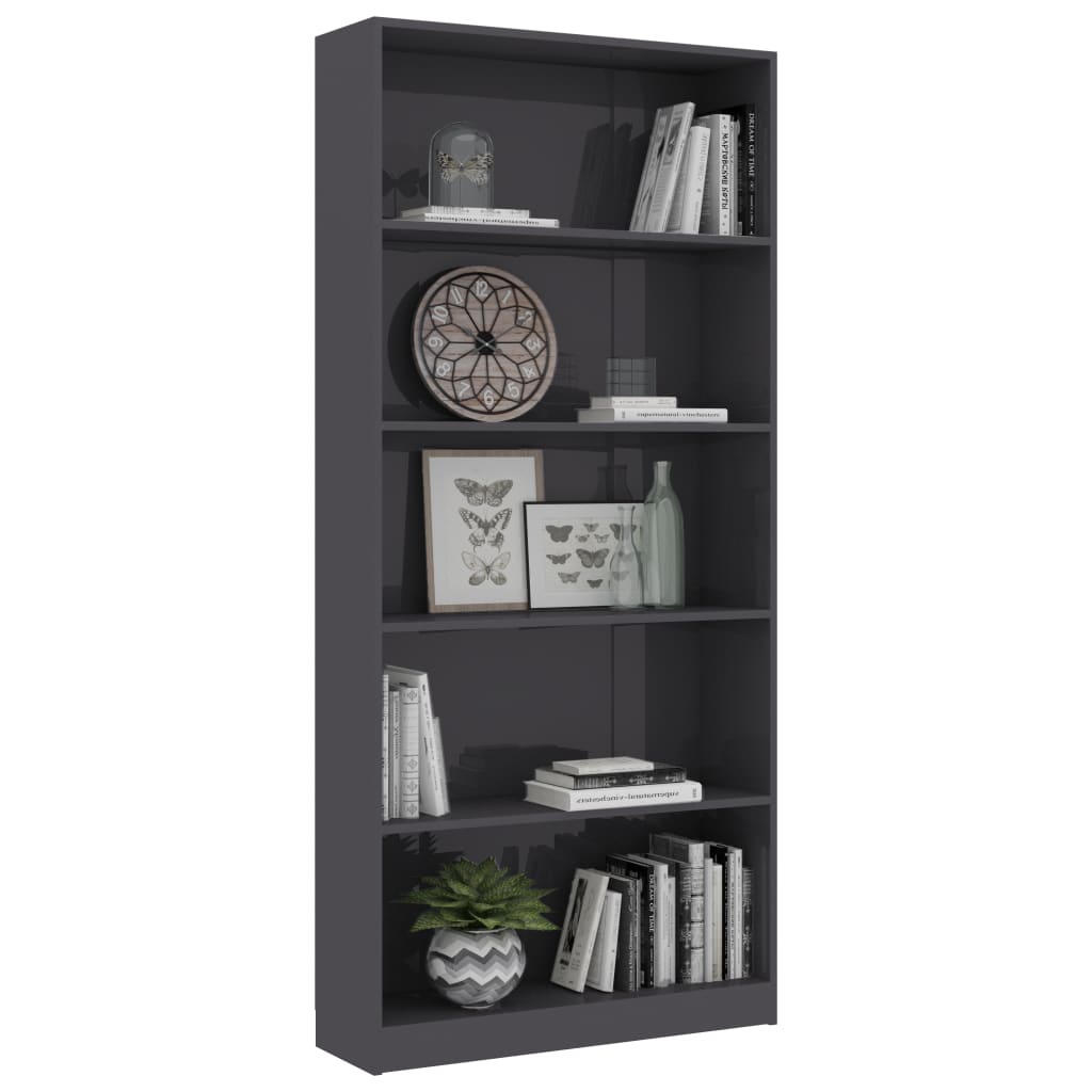 5-Tier Book Cabinet High Gloss Grey 80x24x175 cm Chipboard
