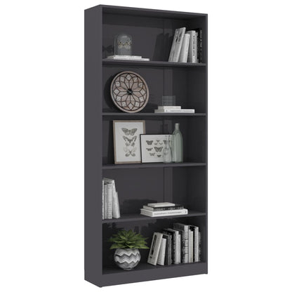 5-Tier Book Cabinet High Gloss Grey 80x24x175 cm Chipboard