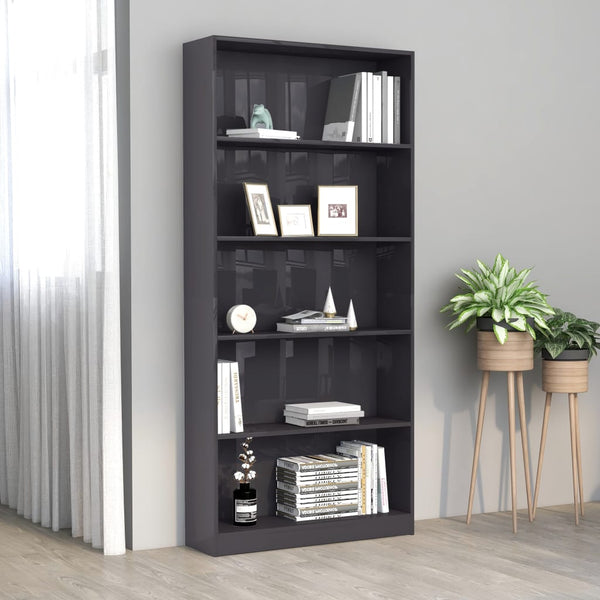  5-Tier Book Cabinet High Gloss Grey 80x24x175 cm Chipboard