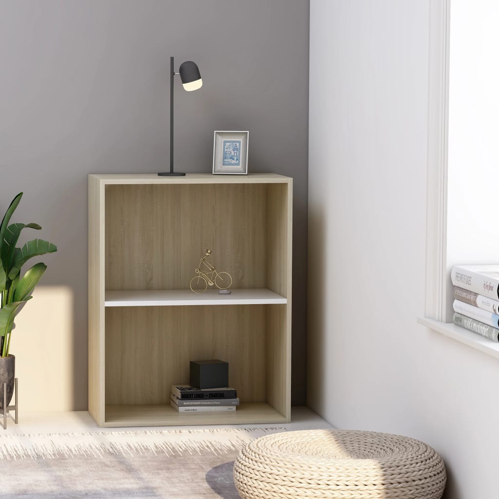 2-Tier Book Cabinet White and Sonoma Oak 60x30x76.5 cm Chipboard