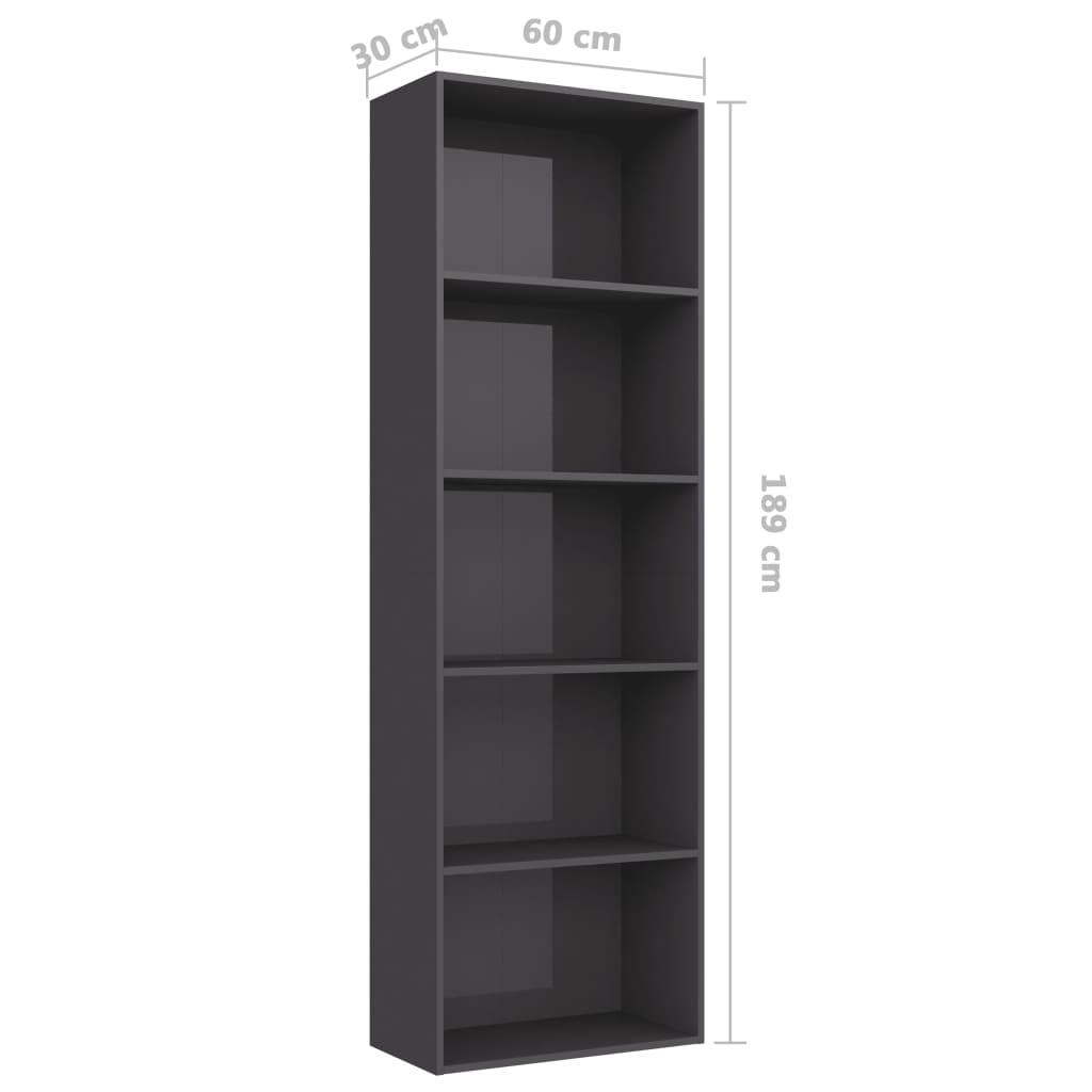 5-Tier Book Cabinet High Gloss Grey 60x30x189 cm Chipboard