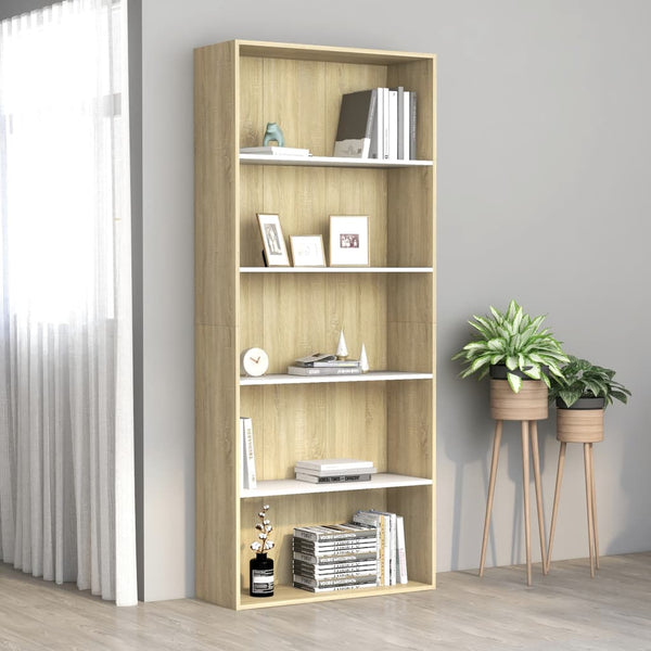  5-Tier Book Cabinet White and Sonoma Oak  Chipboard
