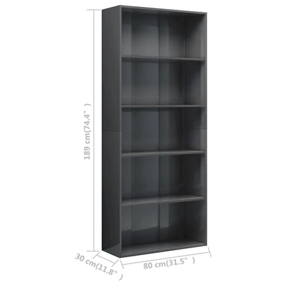 5-Tier Book Cabinet High Gloss Grey 80x30x189 cm Chipboard
