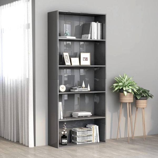  5-Tier Book Cabinet High Gloss Grey Chipboard
