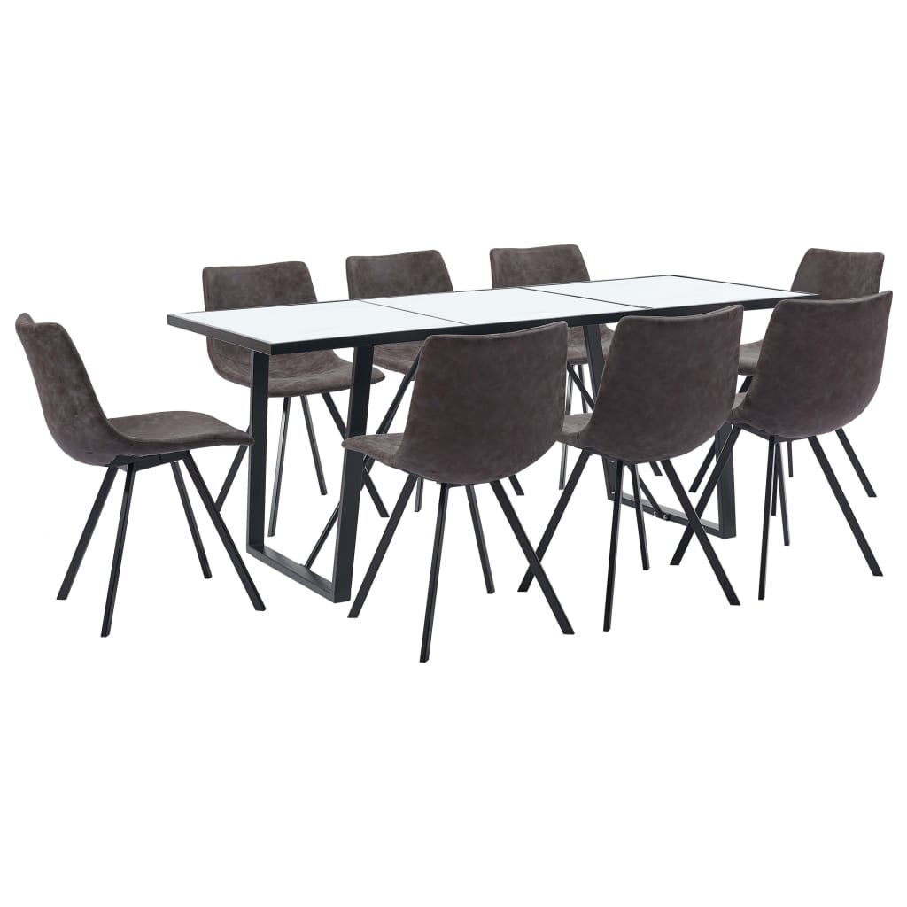 9 Piece Dining Set Brown Faux Leather