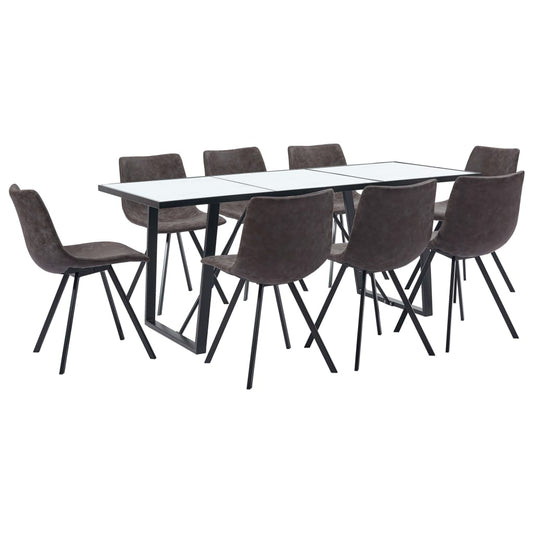 9 Piece Dining Set Brown Faux Leather